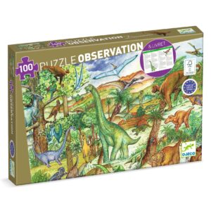 3070900074248-puzzle-observation-dinosaures-djeco--puzzle-100-pieces-avec-poster-et-livret