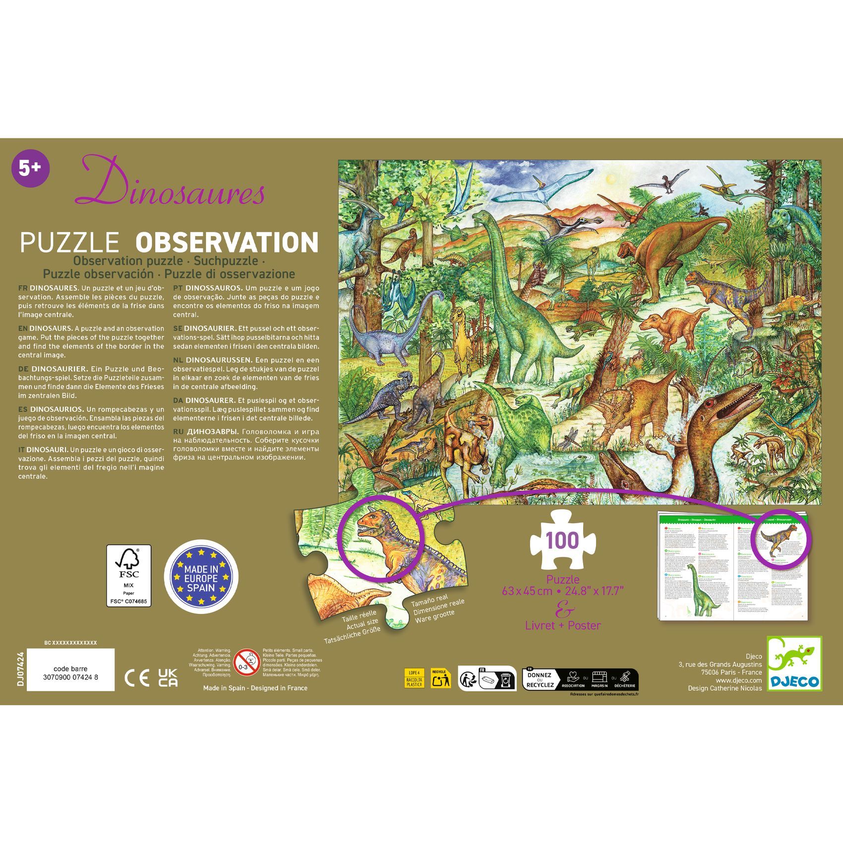 3070900074248-puzzle-observation-dinosaures-djeco--puzzle-100-pieces-avec-poster-et-livret