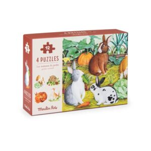 3575677124498-4-mini-puzzles-des-animaux-du-jardin-4-x-12-pieces-le-jardinier--moulin-roty-des-3-ans